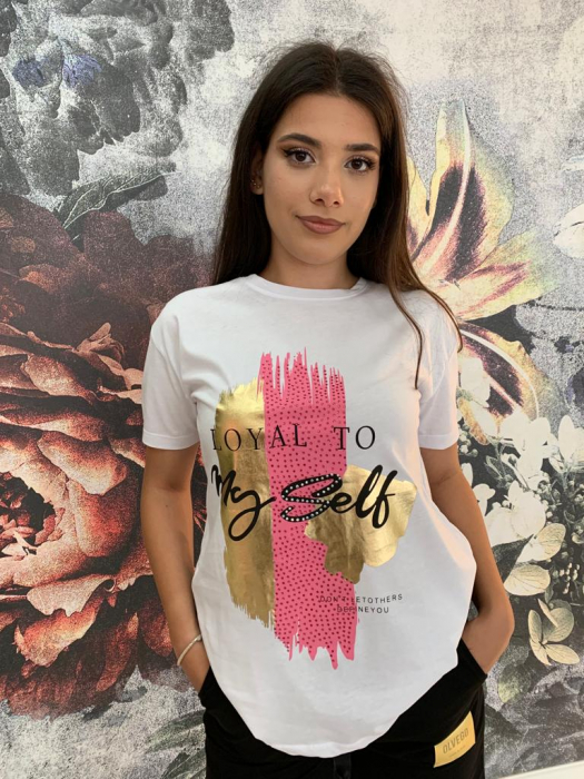 Tricou Dama Alb cu Imprimeu Colorat si Strasuri [4]