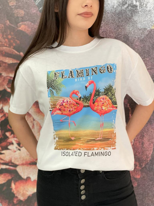 Tricou Damă Alb cu Imprimeu și Accesorii Flamingo [2]