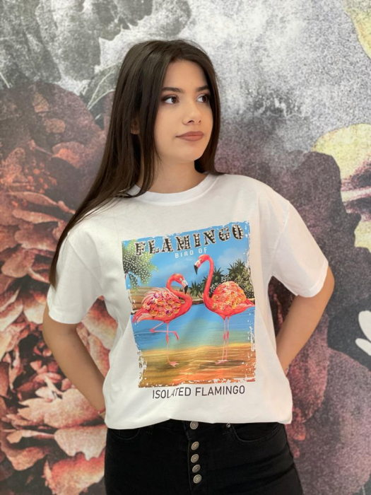 Tricou Damă Alb cu Imprimeu și Accesorii Flamingo [4]