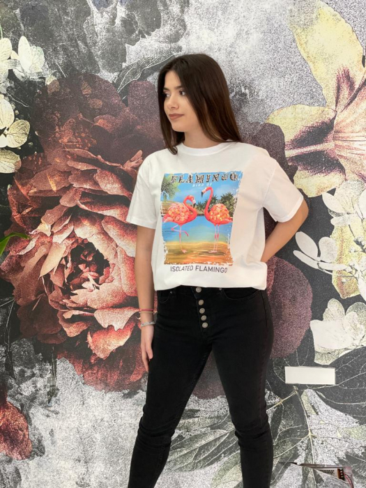 Tricou Damă Alb cu Imprimeu și Accesorii Flamingo [5]