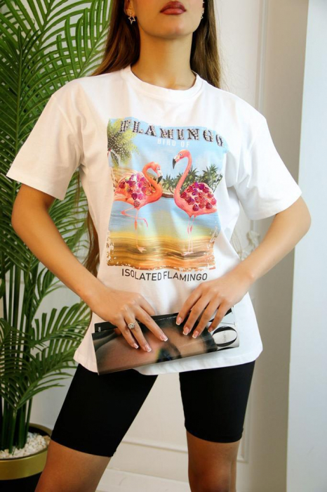 Tricou Damă Alb cu Imprimeu și Accesorii Flamingo [6]