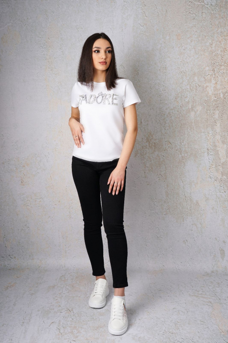 Tricou Dama Alb cu Strasuri si Perle Atasate [2]