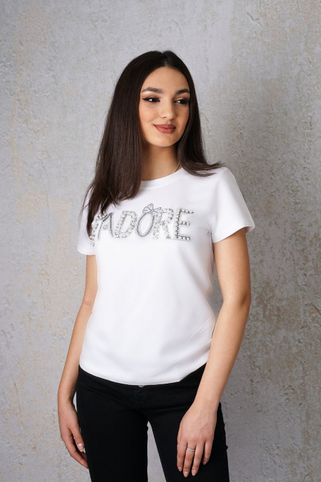 Tricou Dama Alb cu Strasuri si Perle Atasate [3]