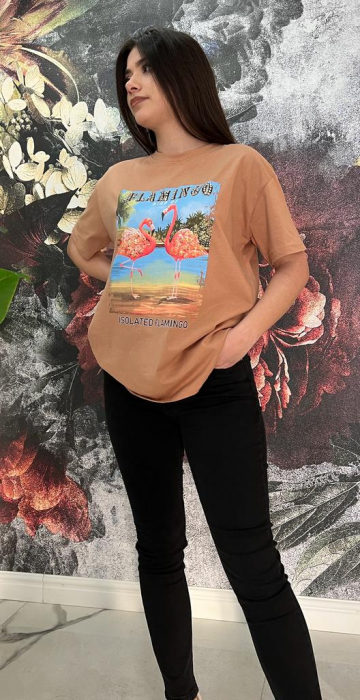 Tricou Dama Bej cu Imprimeu și Accesorii Flamingo [5]