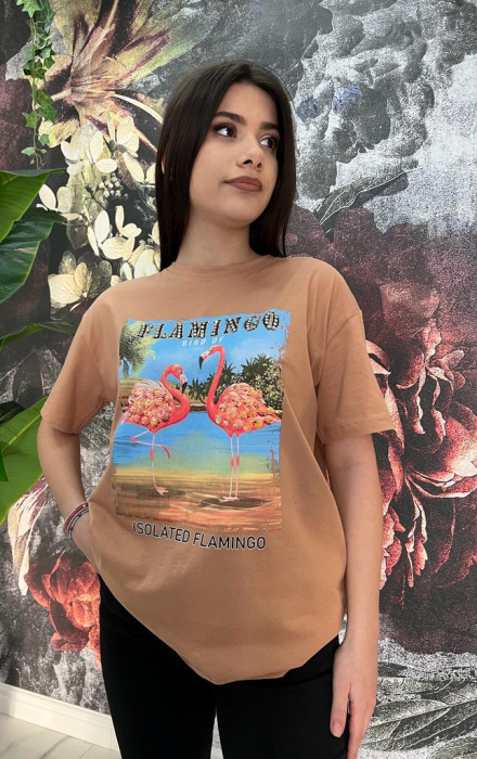Tricou Dama Bej cu Imprimeu și Accesorii Flamingo [3]