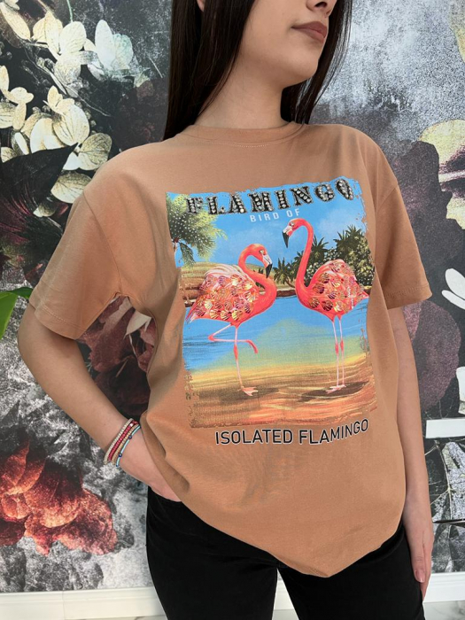 Tricou Dama Bej cu Imprimeu și Accesorii Flamingo [2]