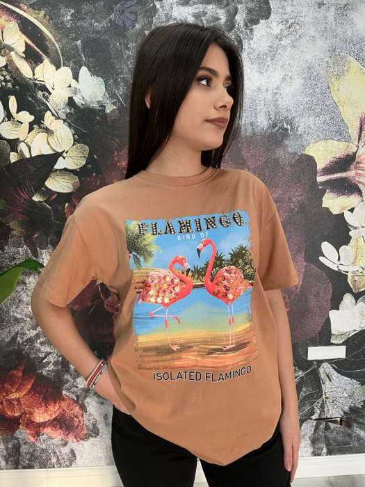 Tricou Dama Bej cu Imprimeu și Accesorii Flamingo [4]