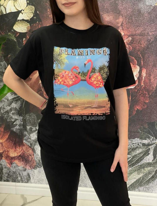 Tricou Dama Negru cu Imprimeu și Accesorii Flamingo [3]