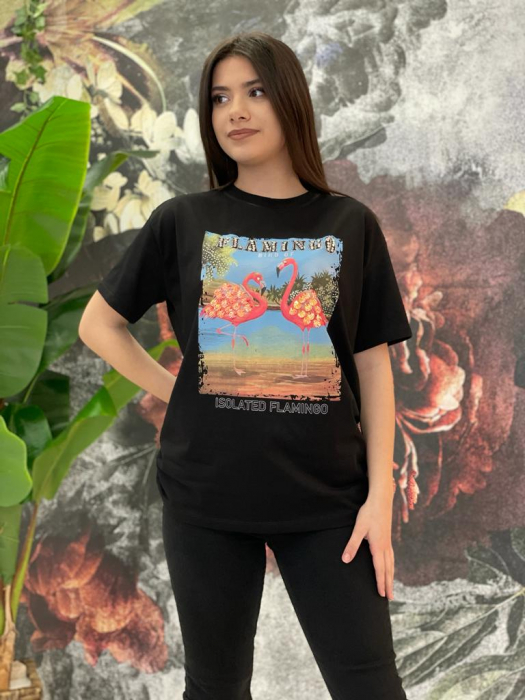 Tricou Dama Negru cu Imprimeu și Accesorii Flamingo [2]