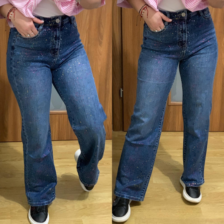 NOUTATI - Blugi albastri evazati elastici pictati