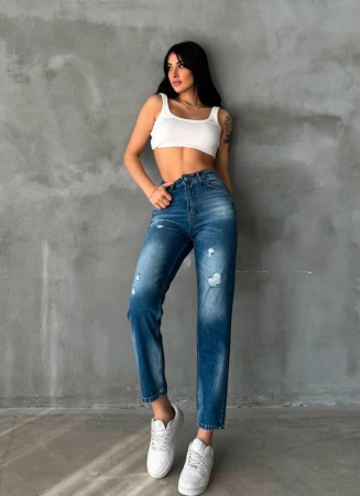 NOUTATI - Blugi Boyfriend Albastri cu Model