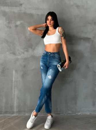 Blugi Boyfriend Albastri cu Model NOUTATI - Blugi Boyfriend Albastri cu Model