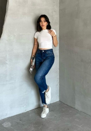 Blugi Boyfriend Albastru Închis cu Model [1]