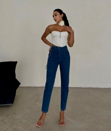 Blugi Dama Boyfriend Talie Înaltă Albastru Închis [0]