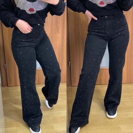 Blugi Evazati Elastici Negri cu Pietricele