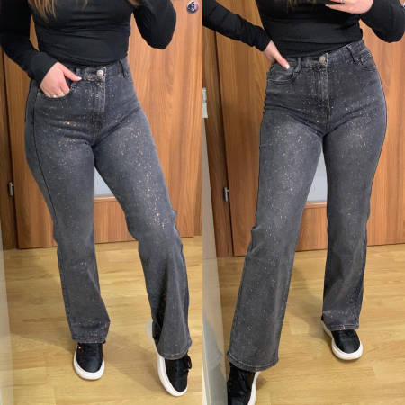 NOUTATI - Blugi Evazati Elastici Gri Pictati cu Auriu