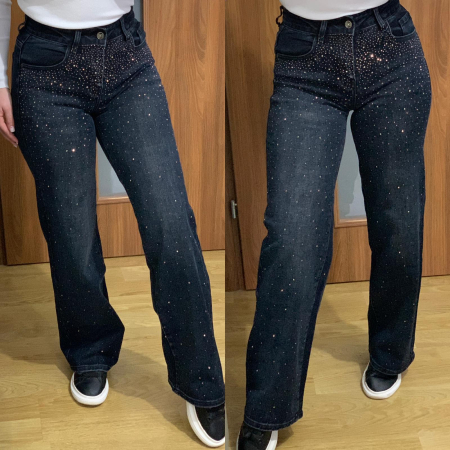 NOUTATI - Blugi indigo evazati cu pietricele