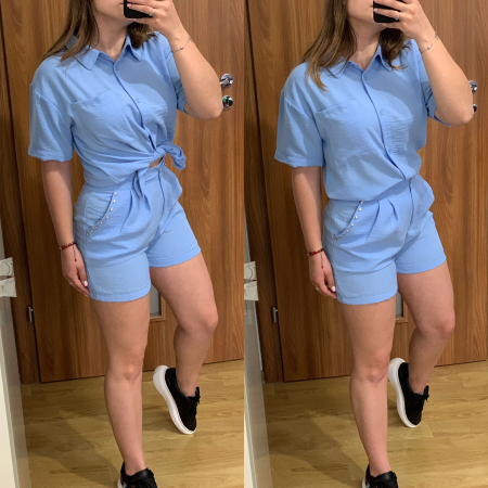 PRODUSE DE SEZON - Compleu bleu din in cu strasuri