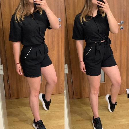 Compleu negru din in cu strasuri