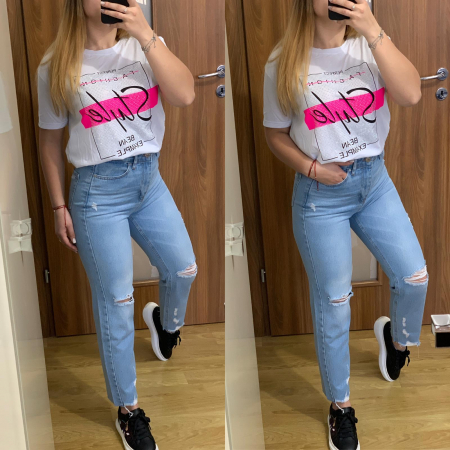 Set blugi boyfriend + tricou cu imprimeu si strasuri NOUTATI - Set blugi boyfriend + tricou cu imprimeu si strasuri