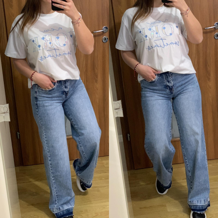 NOUTATI - Set blugi evazati albastri+ tricou alb cu broderie