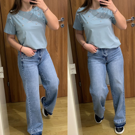 NOUTATI - Set blugi evazati albastri+ tricou cu accesorii