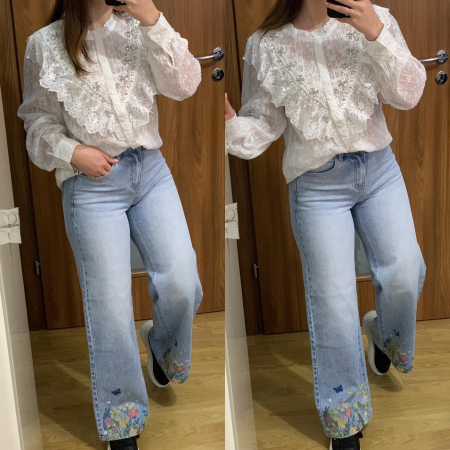 SETURI - Set blugi evazati cu broderie+ camasa alba accesorizata