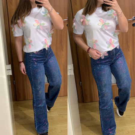 Set blugi evazati elastici albastri pictati+ tricou cu floricele