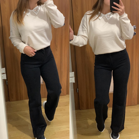 NOUTATI - Set blugi evazati elastici cu pietre+ bluza bej guler cu pietre