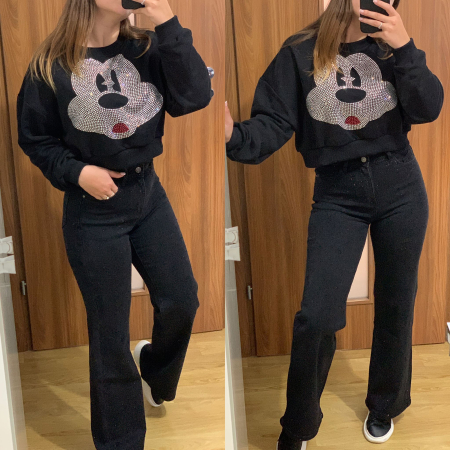 NOUTATI - Set blugi evazati elastici cu pietre+ bluza scurta Mickey cu strasuri