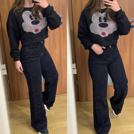 SETURI - Set blugi evazati elastici cu pietricele+ bluza neagra Mickey