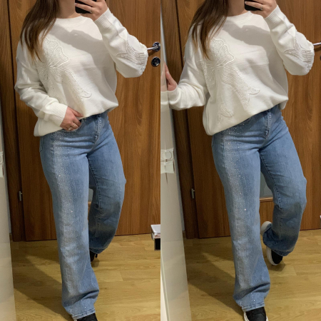 SETURI - Set blugi evazati elastici cu pietricele+ pulover alb cu fundite