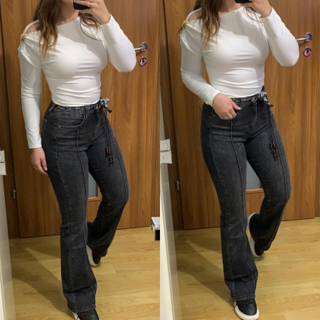 NOUTATI - Set blugi evazati elastici gri+ bluza alba elastica