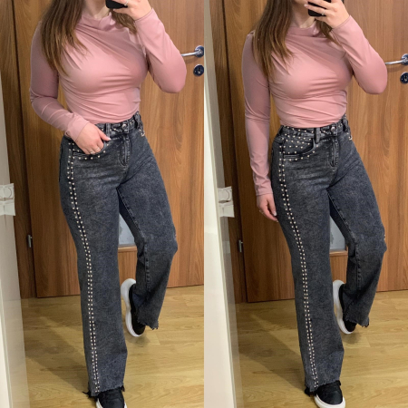 Set blugi evazati elastici gri+ bluza elastica roz pudra