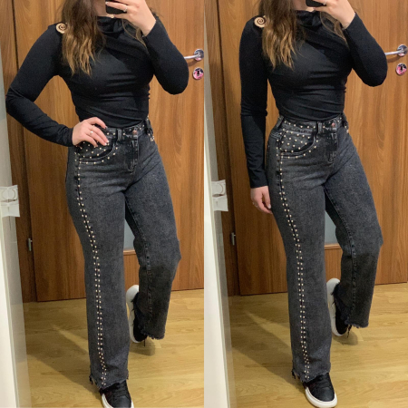 NOUTATI - Set blugi evazati elastici gri+ bluza neagra elastica