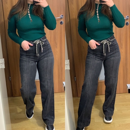 SETURI - Set blugi evazati elastici gri+ bluza verde cu nasturei cristal