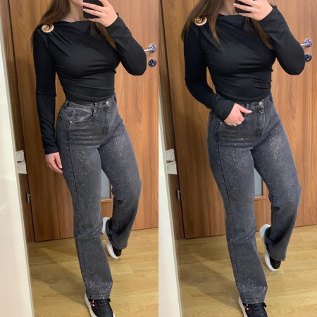 NOUTATI - Set blugi evazati elastici gri pictati+ bluza elastica neagra