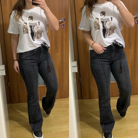 NOUTATI - Set blugi evazati elastici gri+ tricou alb cu imprimeu