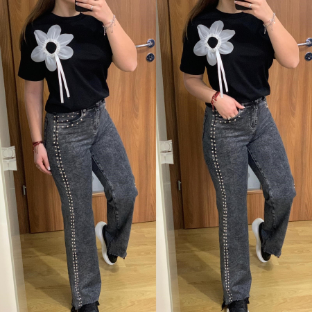 Set blugi evazati elastici gri+ tricou negru cu floare