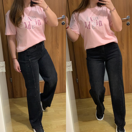 SETURI - Set blugi evazati elastici negri+ tricou roz