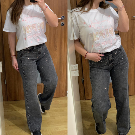 SETURI - Set blugi evazati gri cu pietricele+ tricou alb cu broderie