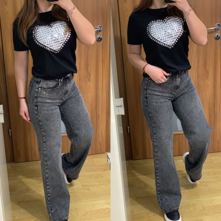 SETURI - Set blugi evazati gri cu pietricele+ tricou negru cu inimioara gri