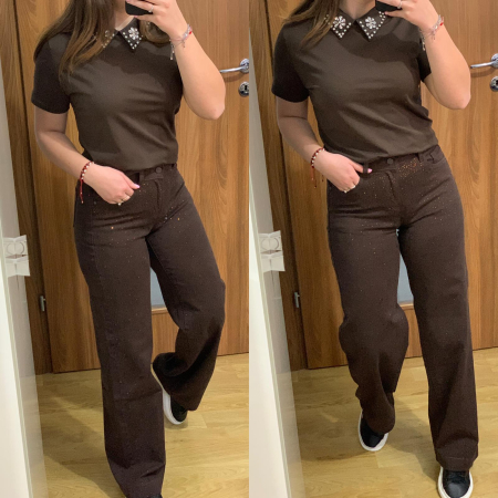 SETURI - Set blugi evazati maro cu pietricele+ tricou maro cu guler