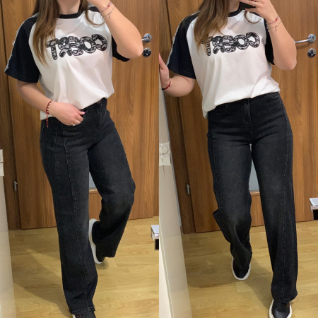 SETURI - Set blugi negri evazati elastici+ tricou cu dantela