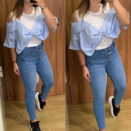 NOUTATI - Set blugi slimfit cu nasturi+ camasa cu dungi
