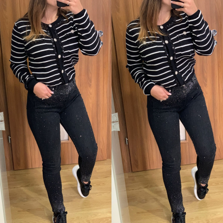 NOUTATI - Set blugi slimfit elastici cu pietre+ pulover cu accesorii