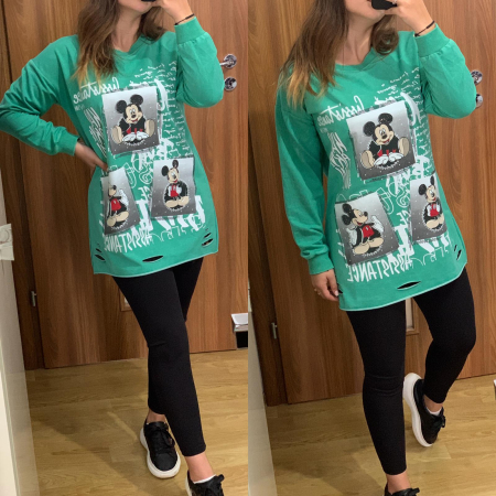 Set colanti negri+ bluza verde cu imprimeu si strasuri NOUTATI - Set colanti negri+ bluza verde cu imprimeu si strasuri