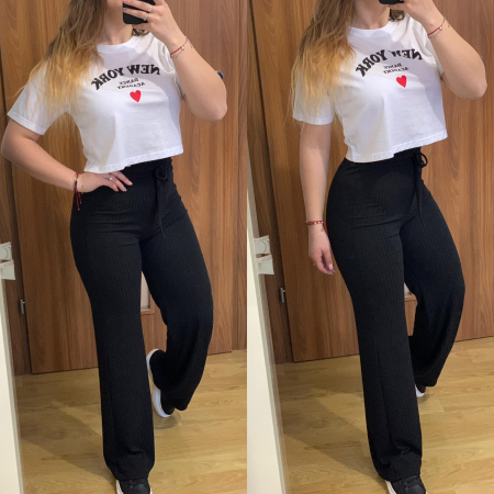 Set pantaloni negri evazati+ tricou alb scurt in talie PRODUSE DE SEZON - Set pantaloni negri evazati+ tricou alb scurt in talie