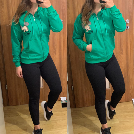 Set colanti negri+ hanorac verde cu fermoar COMPLEURI SPORT - Set colanti negri+ hanorac verde cu fermoar