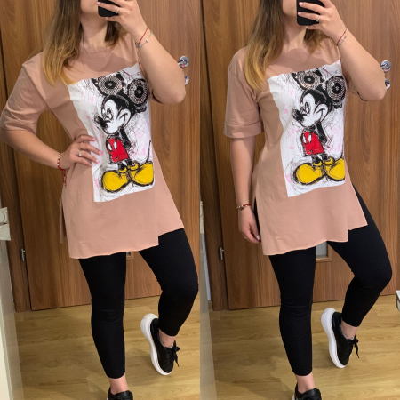 Set colanti negri+ tricou bej Mickey cu strasuri PRODUSE DE SEZON - Set colanti negri+ tricou bej Mickey cu strasuri